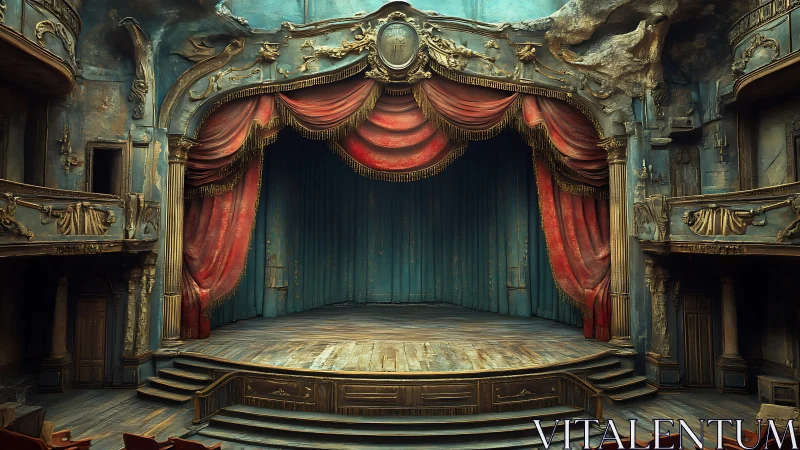 Ornate abandoned theater stage waits in fading grandeur.