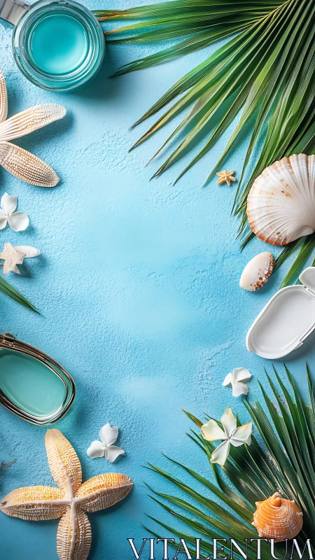 Beach shells and palm leaves frame a summer flat lay scene.