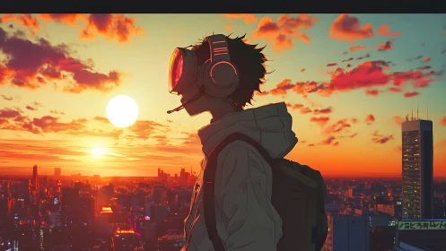 Neon dusk drifter gazes across a dreamlit future skyline.