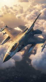 Sleek fighter jet soaring above sunset cloud canopy.