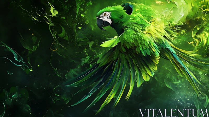Emerald parrot bursts through swirling abstract jungle light