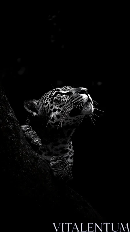 Leopard gazes upward in dramatic black background contrast