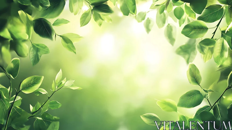 Sunlit green leaves encircle soft blurred forest light