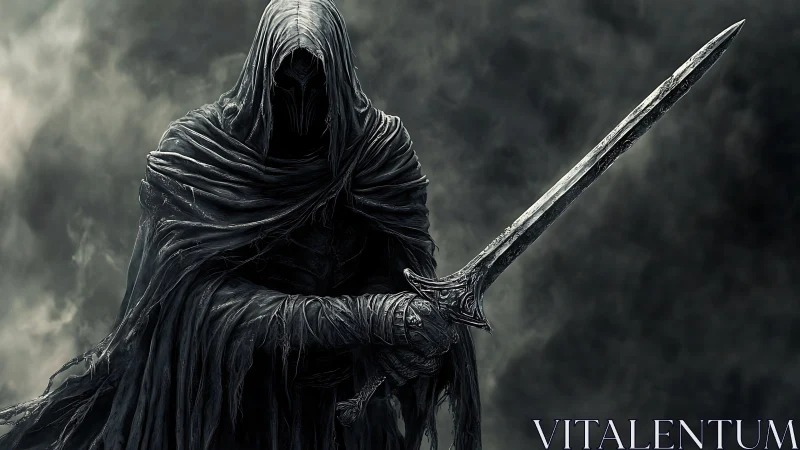 Hooded dark wraith holds a long sword in stormy mist.