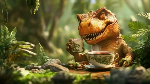 Teatime in the Jurassic: a cheerful dinosaur coffee break.