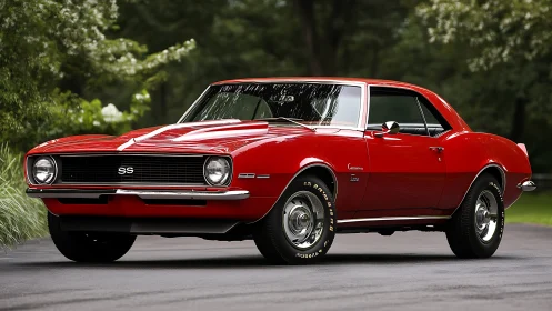 Red classic muscle car parked on quiet tree lined road.