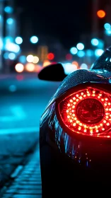 Rear LED supercar tail light in neon blue urban night street