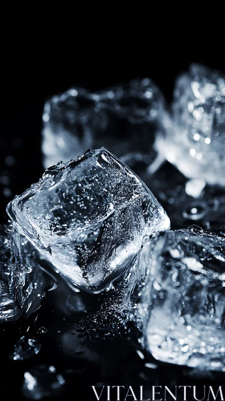 Ice cubes resting on wet reflective surface in sharp focus