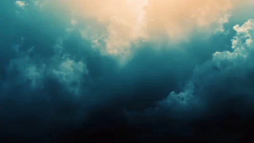 Stormlit sky where teal thunderclouds court warm dawn.