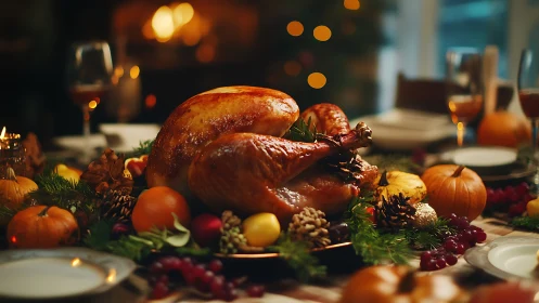 Roasted holiday turkey centerpiece with warm bokeh lighting.