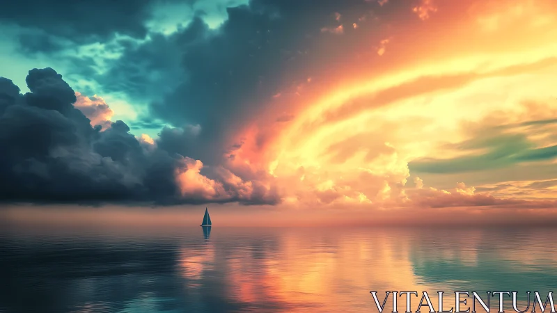 Solitary sailboat beneath converging storm and sunset sky.