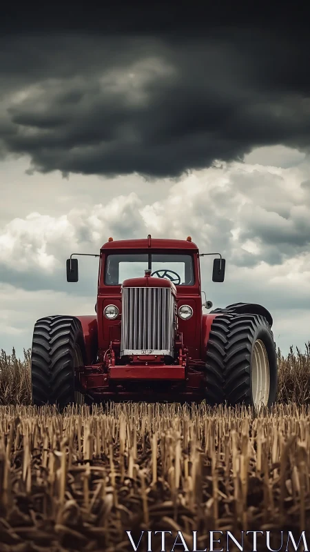 Scarlet field titan waits beneath brooding harvest storm clouds.