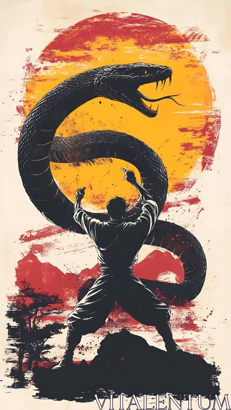 Martial artist confronting serpent before grunge sun disc.