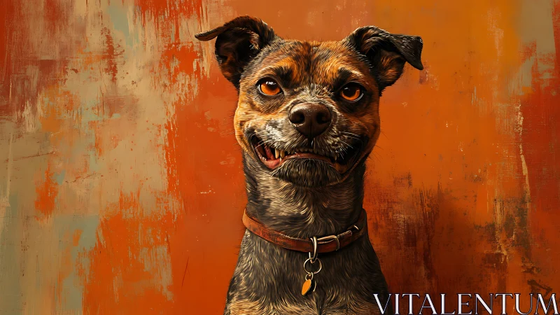 Expressive brown dog portrait against warm orange backdrop.