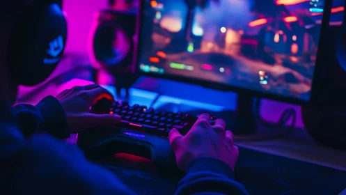 Gamer at RGB-lit desktop playing action game at night.