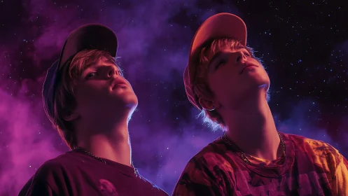 Neon twin portraits under cosmic purple and blue sky.