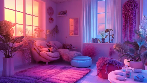 Digital painting of neon-lit botanical lounge interior design.