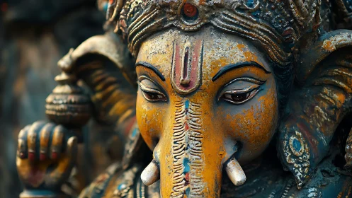 Weathered close-up shows detailed carved elephant-headed deity