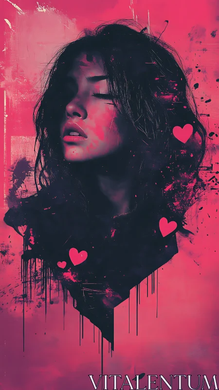 Portrait of woman in pink and black splatter heart composition