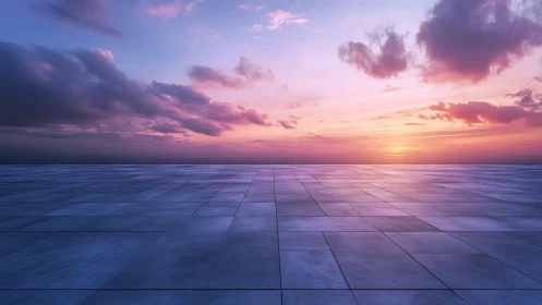 Expansive tiled surface under layered clouds at sunset.