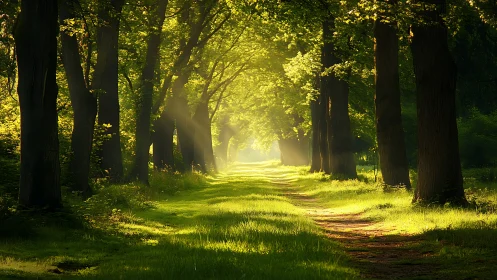 Sunlit forest path with tall trees in serene morning light.