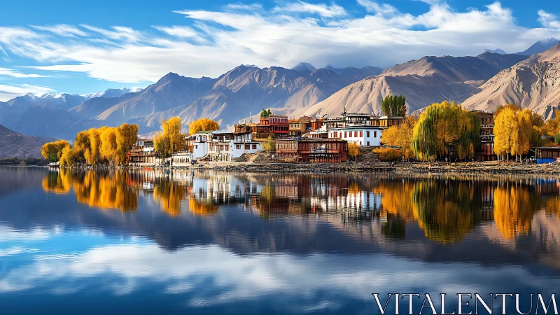 Golden lakeside village rests quietly beneath tall mountains