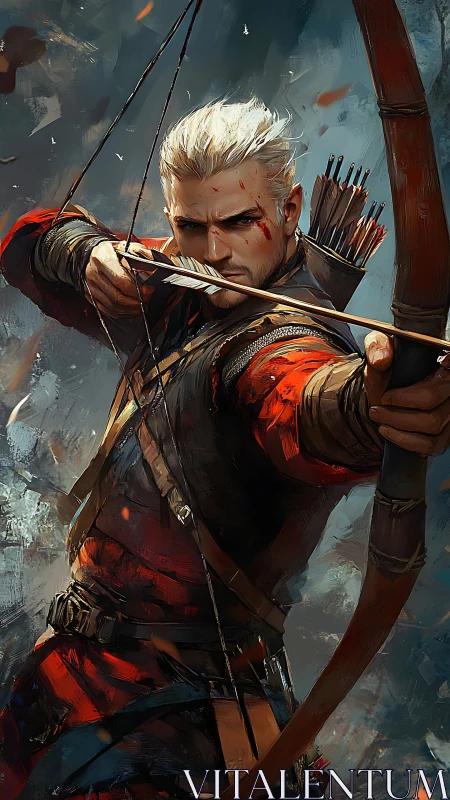 Battle-hardened archer with drawn bow in dynamic combat pose.
