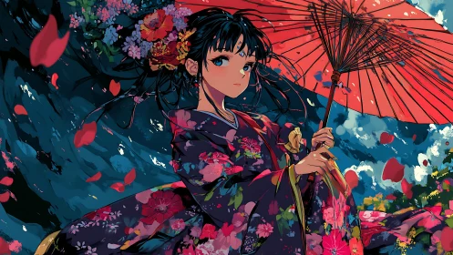 Graceful kimono girl gazes softly beneath a red umbrella