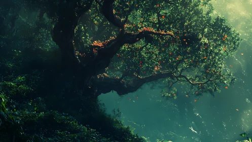 Twisted forest tree over steep slope in filtered daylight.