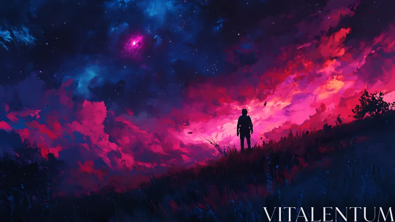 Silhouette watching vivid pink and blue cosmic night sky.
