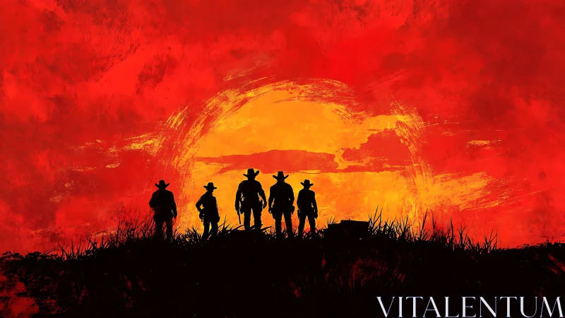 Cowboy silhouettes stand against intense red sunset sky.