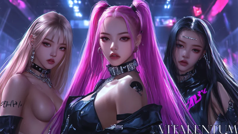 Neon cyberpunk girls stare down the viewer in a club haze