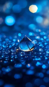 Droplet world cradling a lone tree in electric blue night.