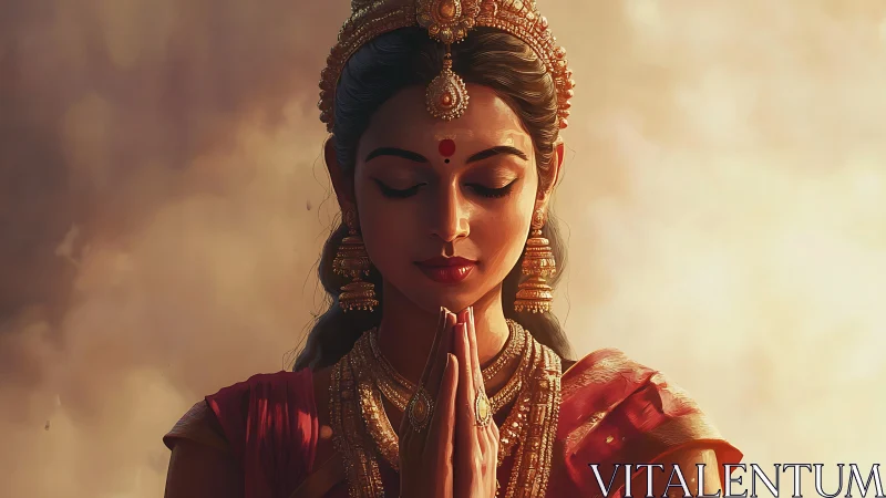 Woman in traditional attire stands with hands pressed in prayer