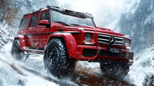 High-clearance red SUV powers through dynamic snowy mountain terrain