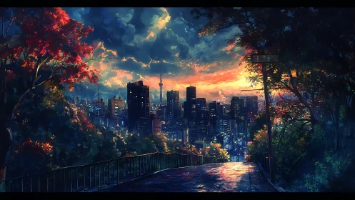 Sunset city skyline viewed from a rain-wet hillside path.