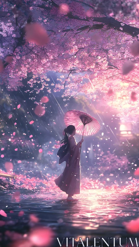 Umbrella girl wandering through rain-kissed sakura twilight.