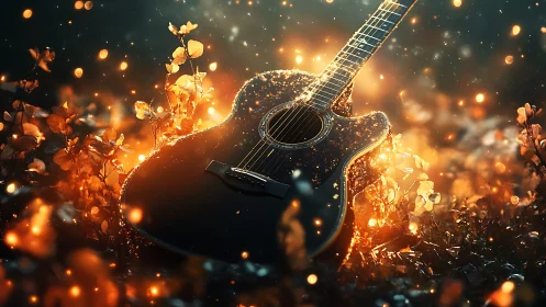 Glowing acoustic guitar resting in fiery autumn meadow.