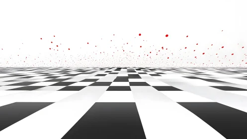 Abstract checkered floor with floating red dots in minimalistic style.