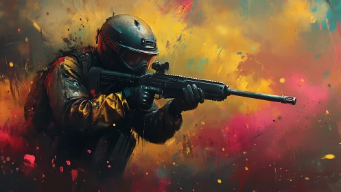 Tactical Operator with Precision Rifle Against Chromatic Fire Backdrop.