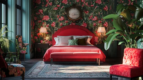 Red upholstered bed centered in florally patterned bedroom