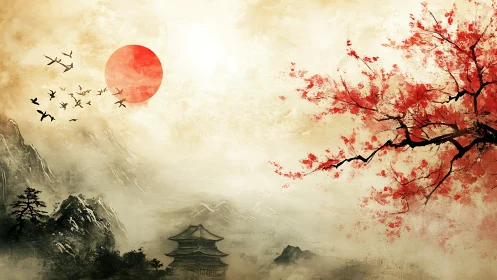 Red sun, distant pagoda and tree branch form a misty landscape