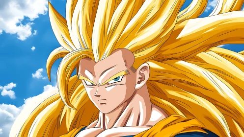 Anime warrior portrait with extended golden hair in sky setting.