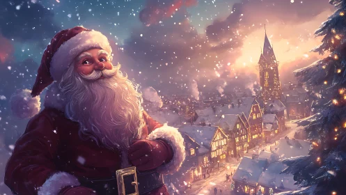 Joyful Santa watches a glowing snowy village celebrate
