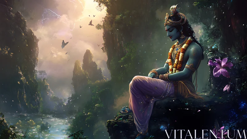 Divine blue figure rests in a glowing, enchanted valley.