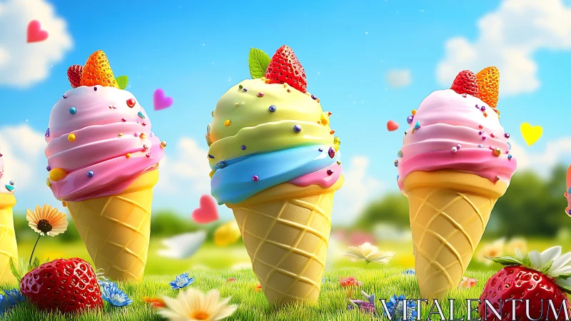 Triad of stylized ice cream cones stands on grassy field