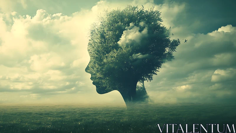 Human profile dissolves into a dreamlike tree of clouds
