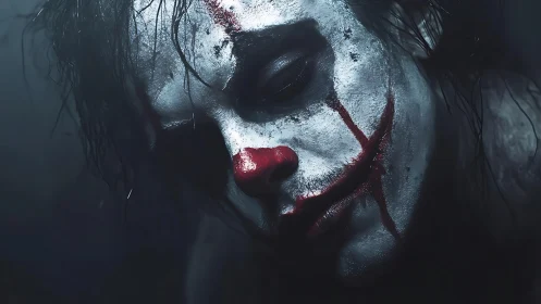 Close portrait shows downward-tilted face with smeared clown makeup