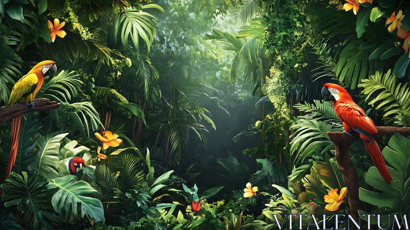 Vivid macaws perch in dense tropical rainforest clearing