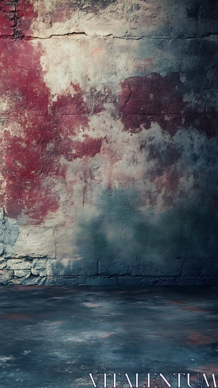 Textured concrete wall with worn floor in muted colors.